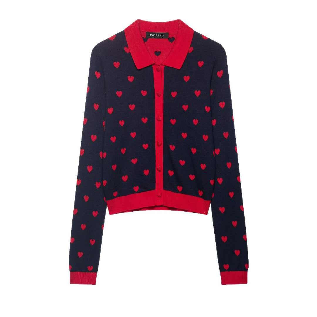 Damen Kurze Strickjacke im Cardigan‑Stil mit Herz‑Jacquard und Reverskragen Echoarchiv