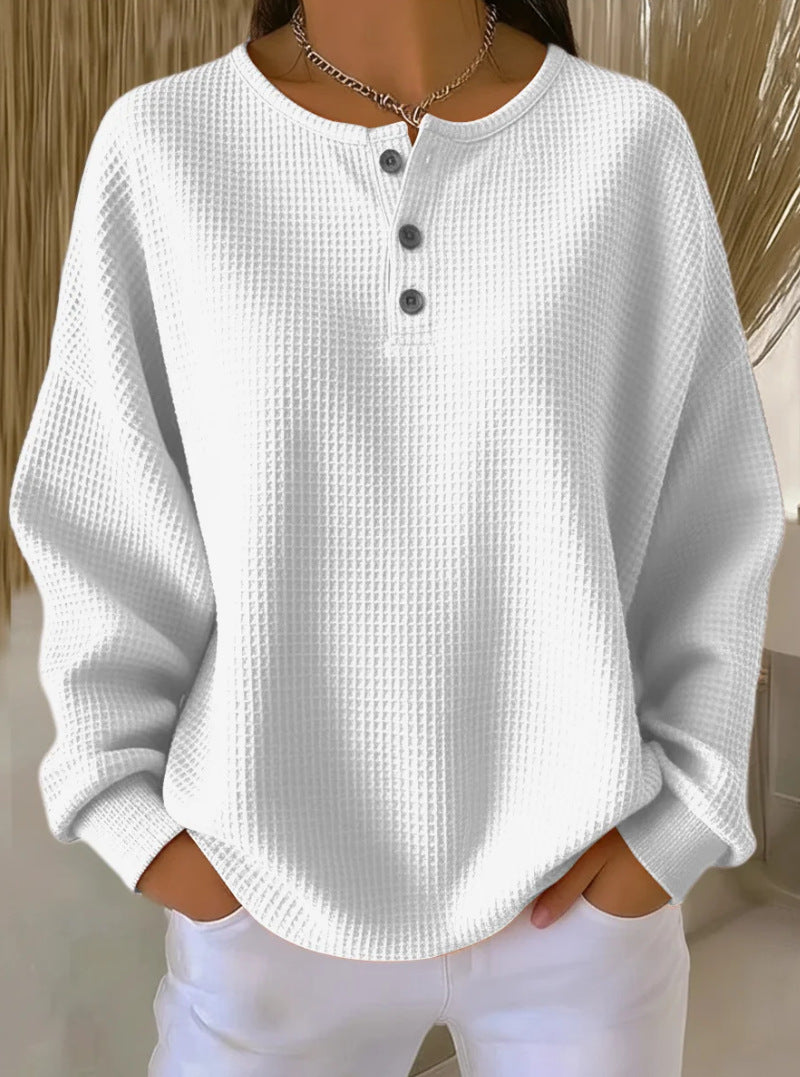 Damen nan Oversized Waffelstrick Henley-Pullover mit Knopfleiste und abgerundetem Saum Echo Archiv