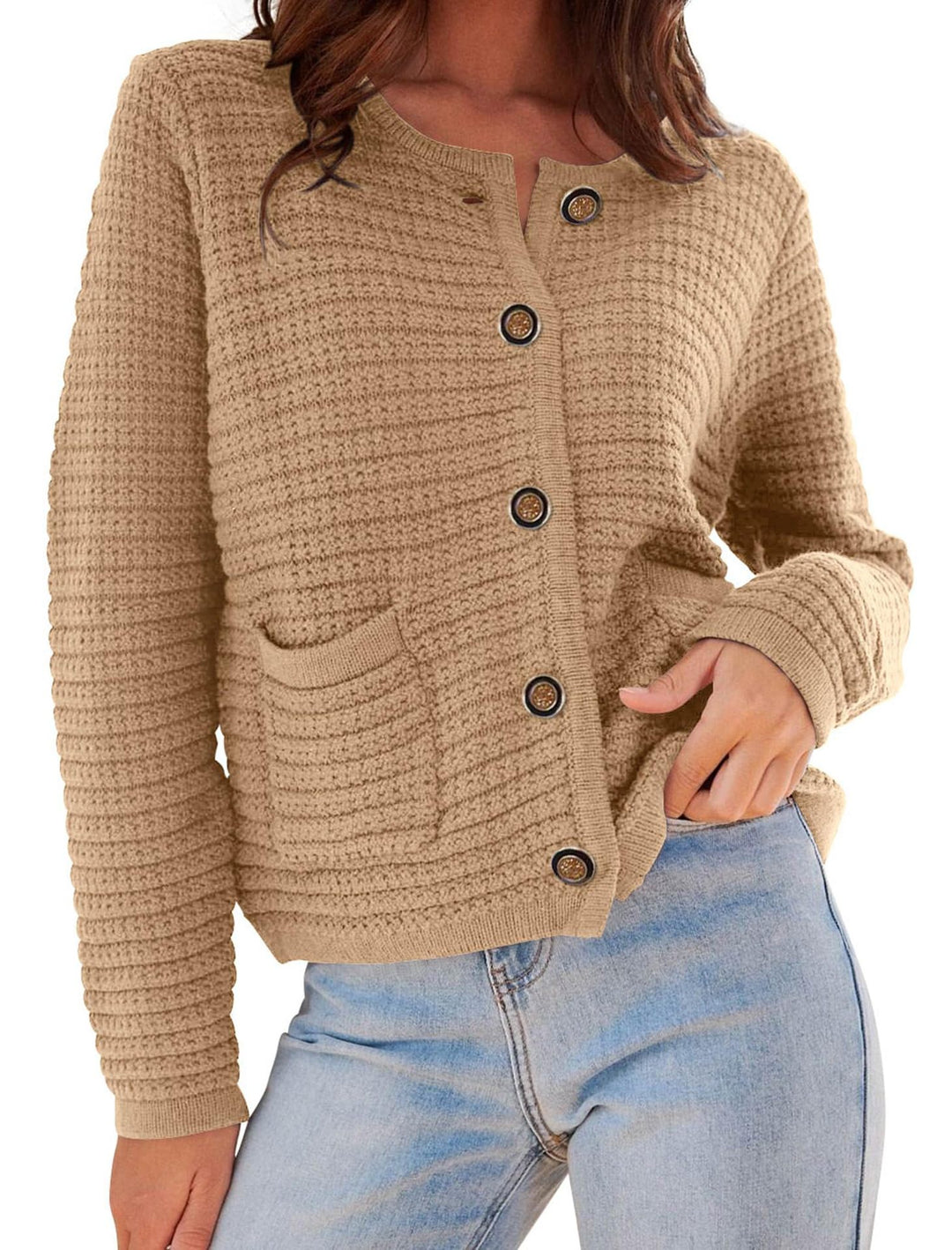 Damen modischer Cardigan mit dezenten Rippstrukturen und eleganten Knopfdetails Echoarchiv