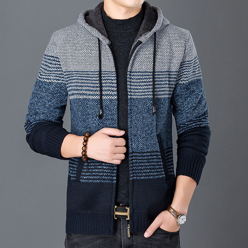 Herren Strickjacke mit Kapuze und modernen Blockstreifen Echoarchiv
