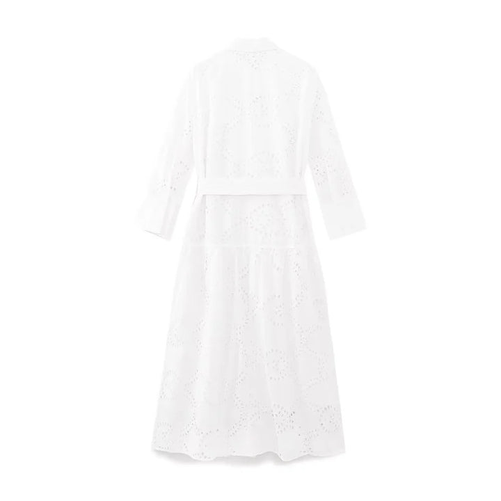 Damen langes Broderie-Anglaise Hemdblusenkleid mit Taillengürtel – Valéora