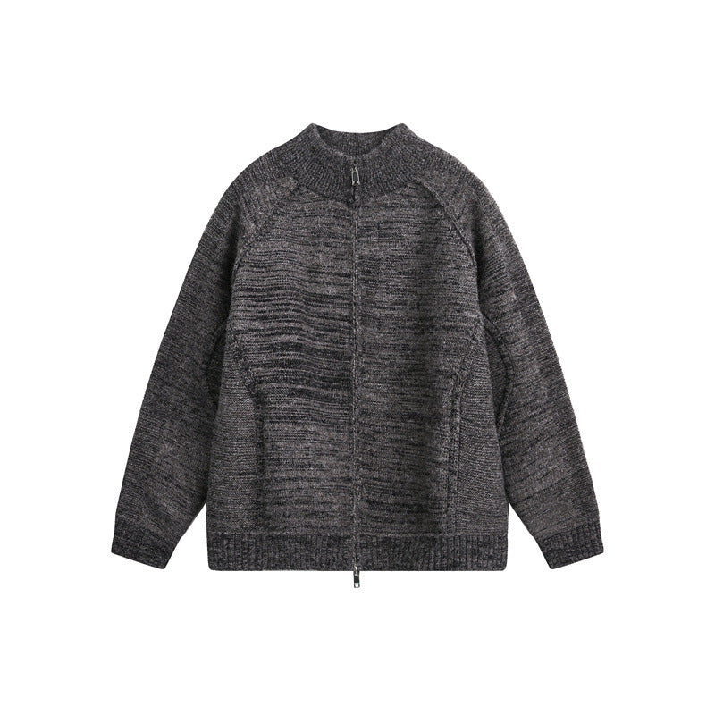 Unisex Grobstrick-Zipjacke mit hohem Stehkragen und Zwei-Wege-Reißverschluss Echoarchiv
