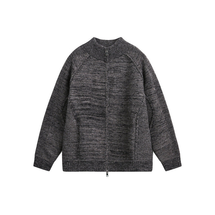 Unisex Grobstrick-Zipjacke mit hohem Stehkragen und Zwei-Wege-Reißverschluss Echoarchiv