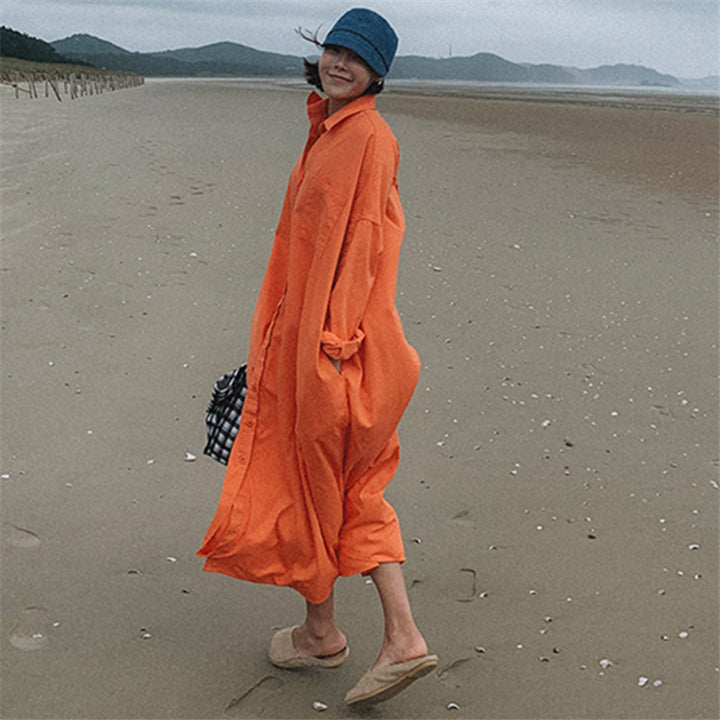 Damen Oversize-Hemdmaxikleid mit durchgehender Knopfleiste und weitem Fall Echoarchiv