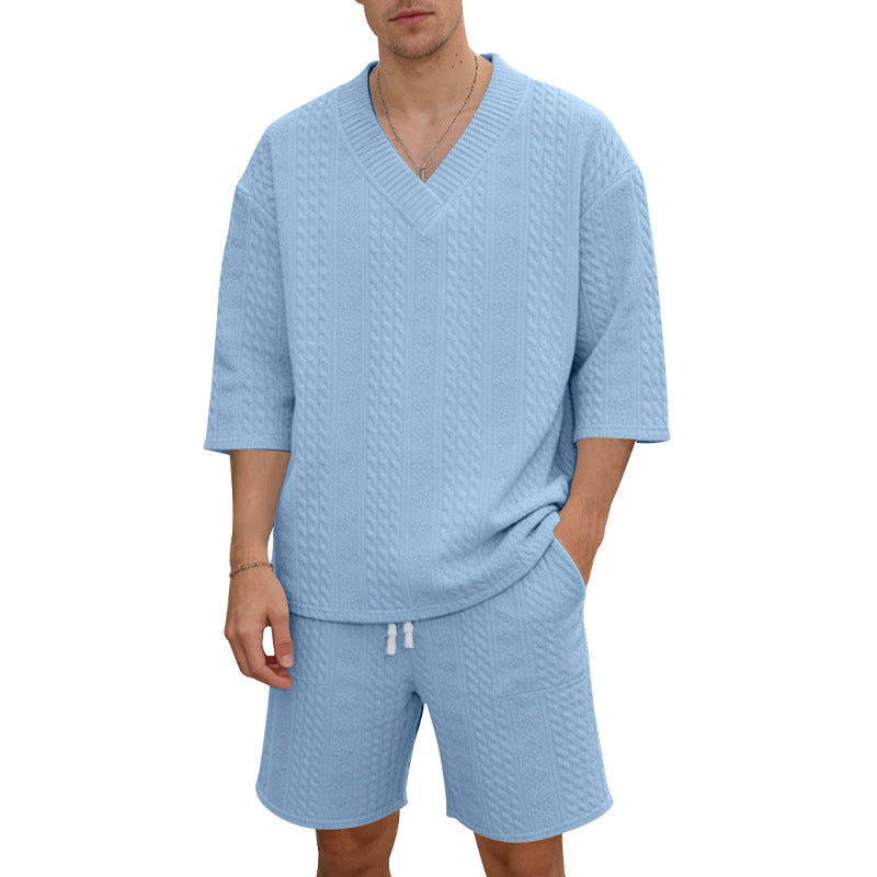 Unisex nan lässiges Lounge-Set mit V-Ausschnitt-Oberteil und Kordelbund-Shorts Echo Archiv