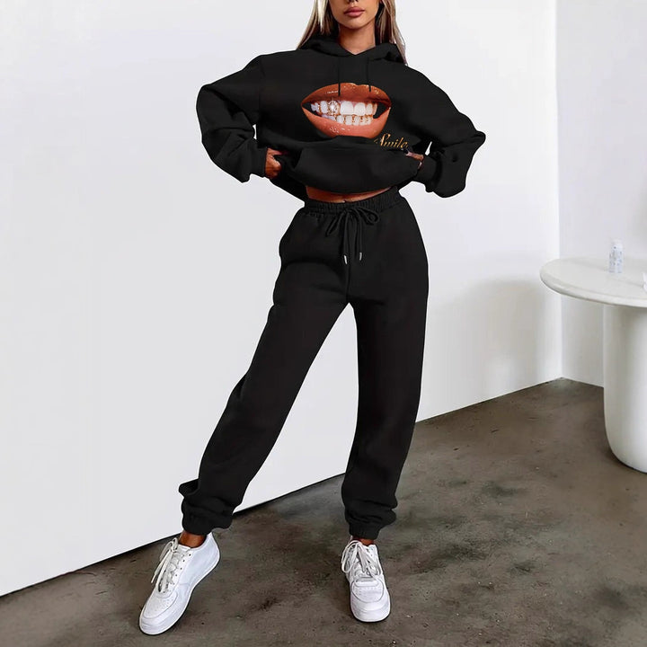 Damen nan Hoodie- und Jogginghose-Set mit Kapuze, Kängurutasche, elastischem Bund und auffälligem Lippen-Statementprint Echo Archiv