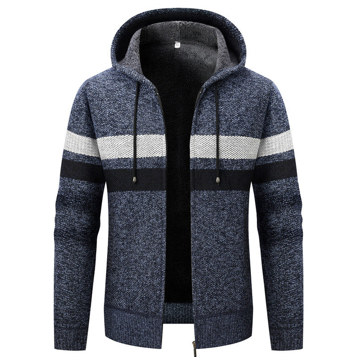 Herren Kapuzen-Strickjacke mit Teddyfutter, Reißverschluss und Kontraststreifen Echo Archiv
