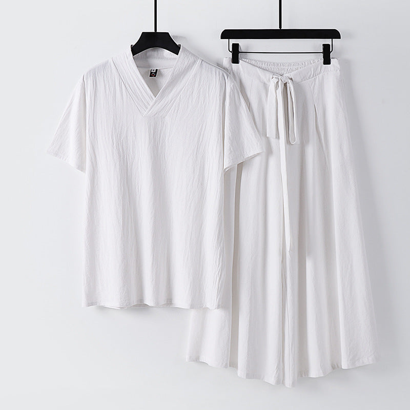 Damen Leichtes Loungewear-Set mit V-Ausschnitt-Shirt und weit schwingendem Midirock mit Kordelzug Echoarchiv