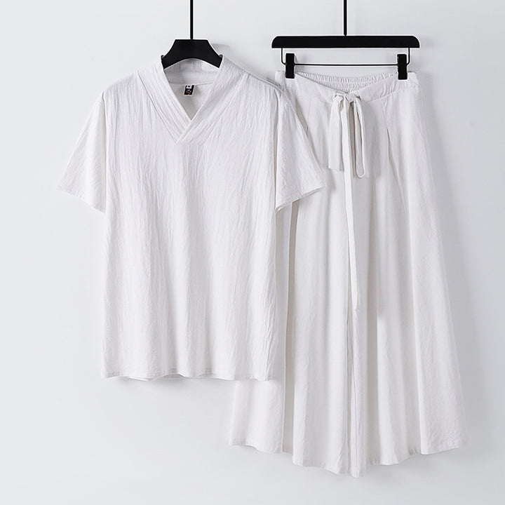 Damen Leichtes Loungewear-Set mit V-Ausschnitt-Shirt und weit schwingendem Midirock mit Kordelzug Echoarchiv