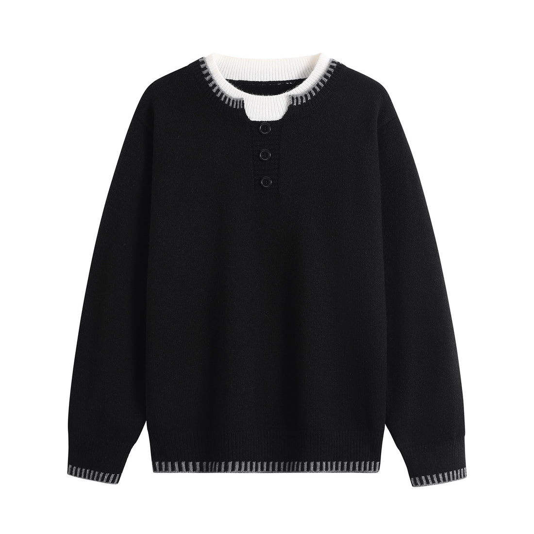 Unisex Feinstrick-Henley-Pullover mit kontrastreichem Rippkragen & Dreiknopfleiste Echoarchiv