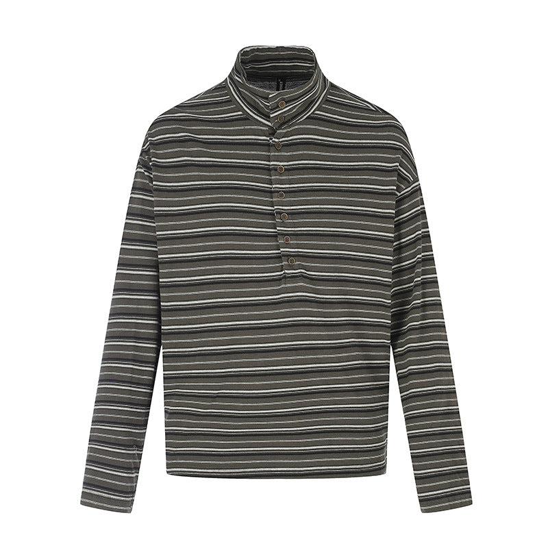 Herren Lässiges Henley-Langarmshirt mit Stehkragen und feinem Streifenmuster Echoarchiv