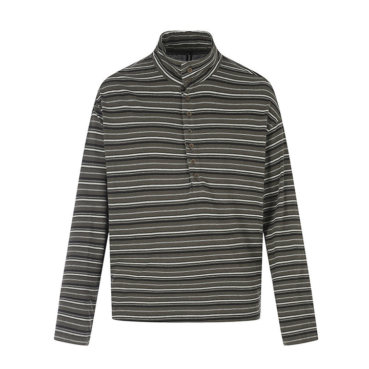 Herren Lässiges Henley-Langarmshirt mit Stehkragen und feinem Streifenmuster Echoarchiv