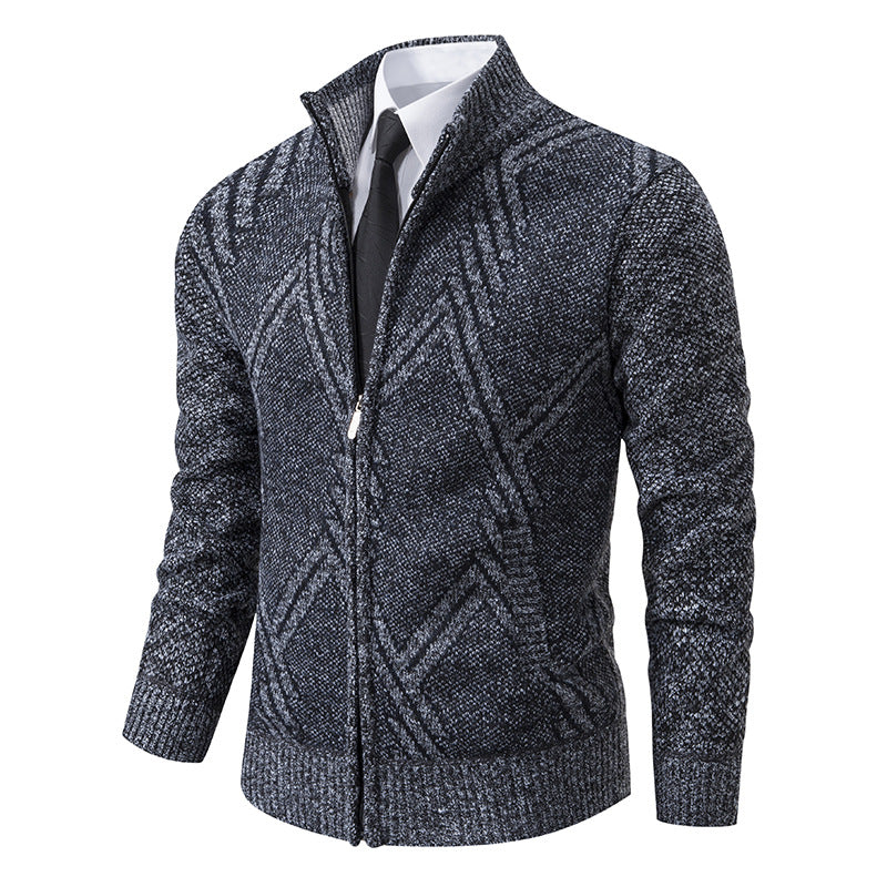 Herren Grobgestrickte Zip‑Strickjacke mit Stehkragen und geometrischem Strukturmuster Echo Archiv