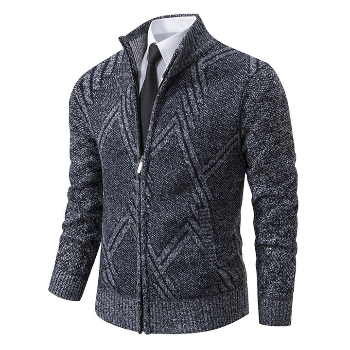 Herren Grobgestrickte Zip‑Strickjacke mit Stehkragen und geometrischem Strukturmuster Echo Archiv