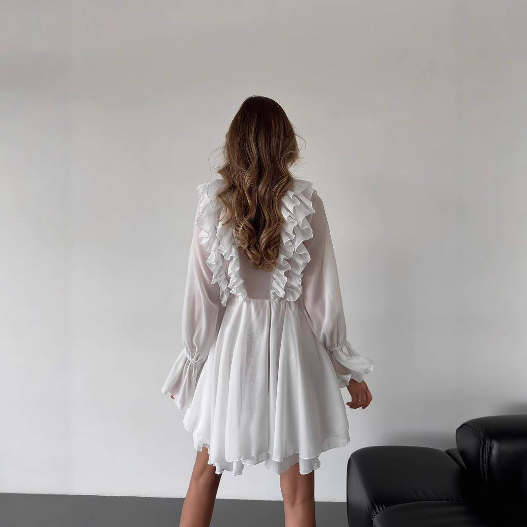 Damen Chiffon-Minikleid mit Volants, tiefem V-Ausschnitt und Ballonärmeln Echoarchiv