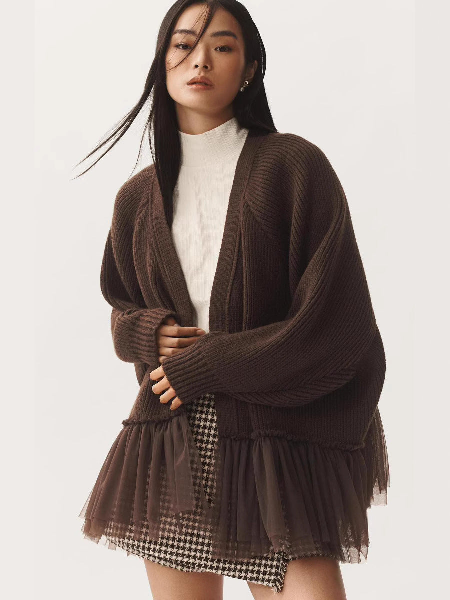 Damen Modischer Strickpullover mit Tülldetails – Mavelle