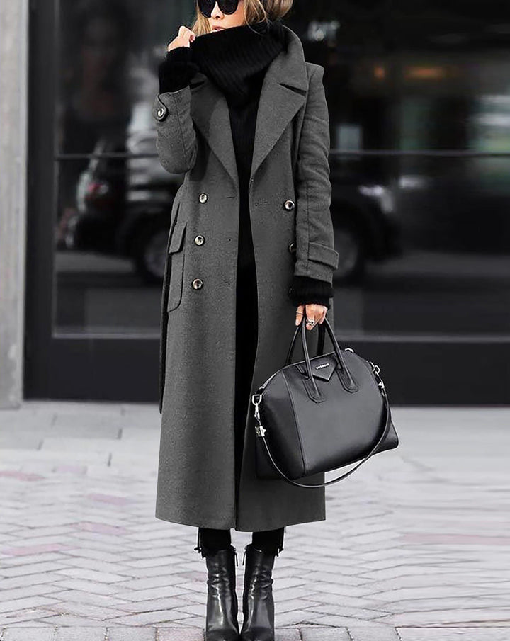 Damen nan eleganter Maxi-Wollmixmantel mit doppelreihiger Knopfleiste, weitem Reverskragen und aufgesetzten Taschenklappen Echo Archiv