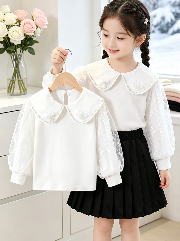Mädchen Bluse mit elegantem Tüllkragen und floralen Applikationen Echo Archiv