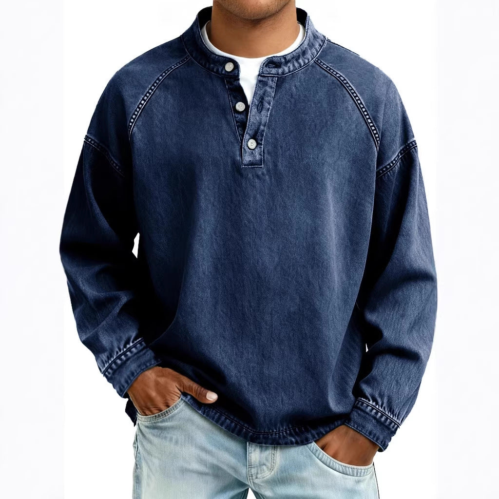 Herren verwaschenes Henley-Shirt mit Stehkragen, lockerer Passform und Knopfleiste – Marzano