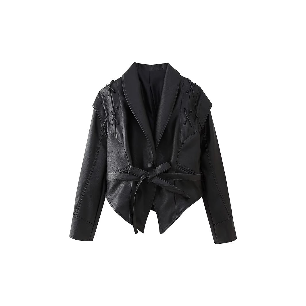 Damen taillierter Cropped‑Blouson aus veganem Leder mit Schalkragen, Schnürdetail und Bindegürtel – Célinea