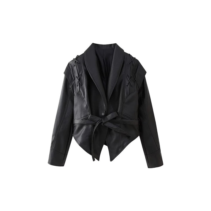Damen taillierter Cropped‑Blouson aus veganem Leder mit Schalkragen, Schnürdetail und Bindegürtel – Célinea