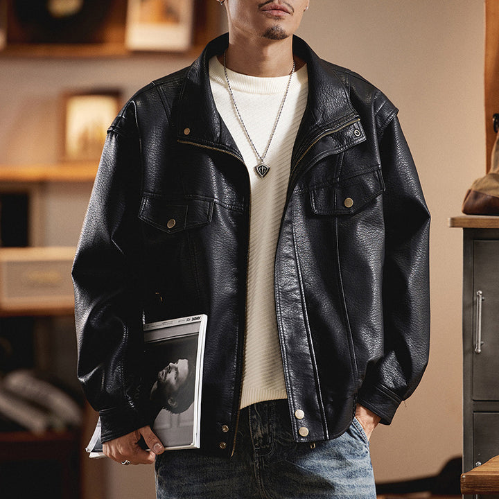Herren Oversized Kunstlederjacke im Worker-Look mit Pattentaschen Echoarchiv