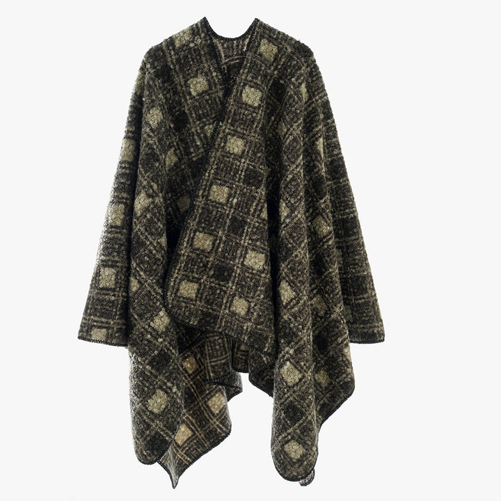 Damen Wollmix-Cape mit weichem Fall, Karomuster und asymmetrischem Zipfelsaum – Montévia