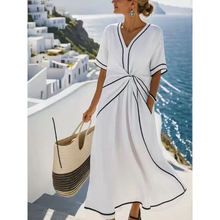 Damen Maxikleid mit V-Ausschnitt, seitlichem Knoten und Kontrastpaspeln Echoarchiv