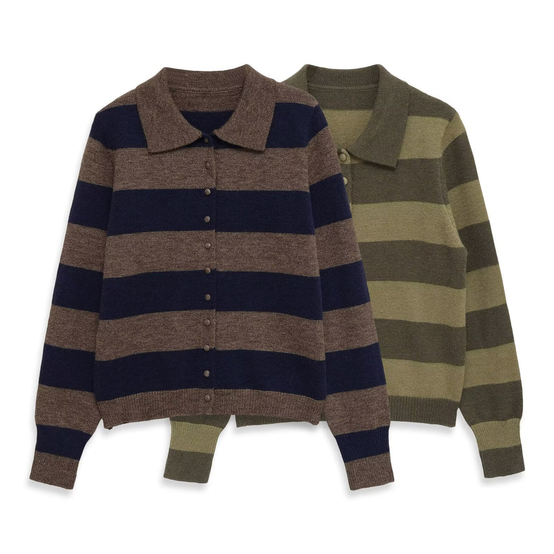 Damen Gestreifte Strickcardigan mit Hemdkragen und Knopfleiste Echo Archiv