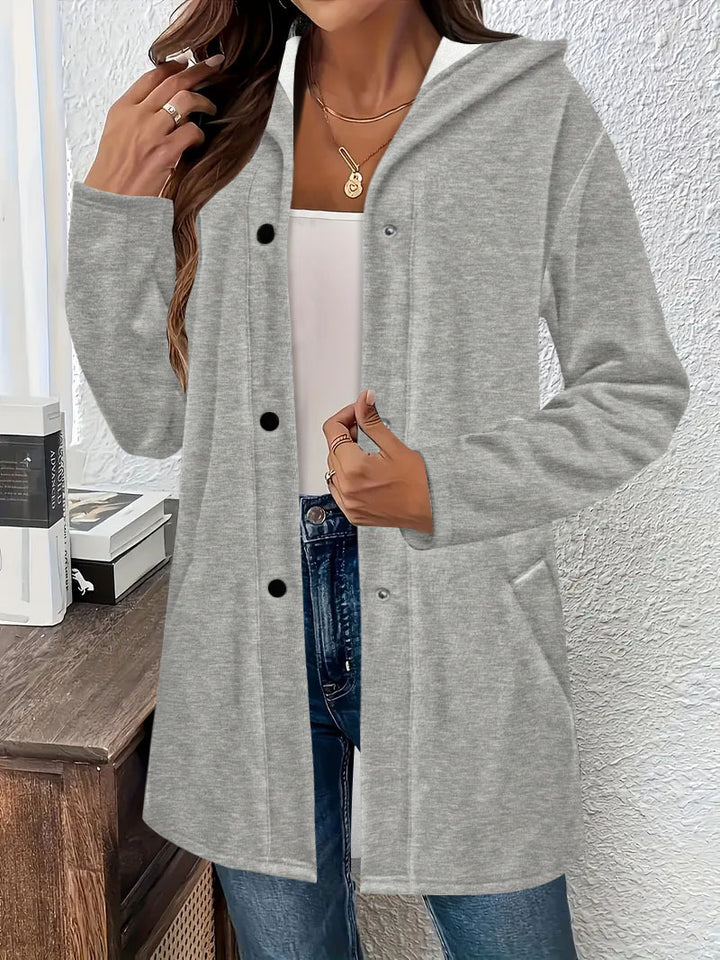 Damen Langer Kapuzen-Cardigan mit Druckknopfleiste, Eingrifftaschen und legerer Silhouette – Veloura