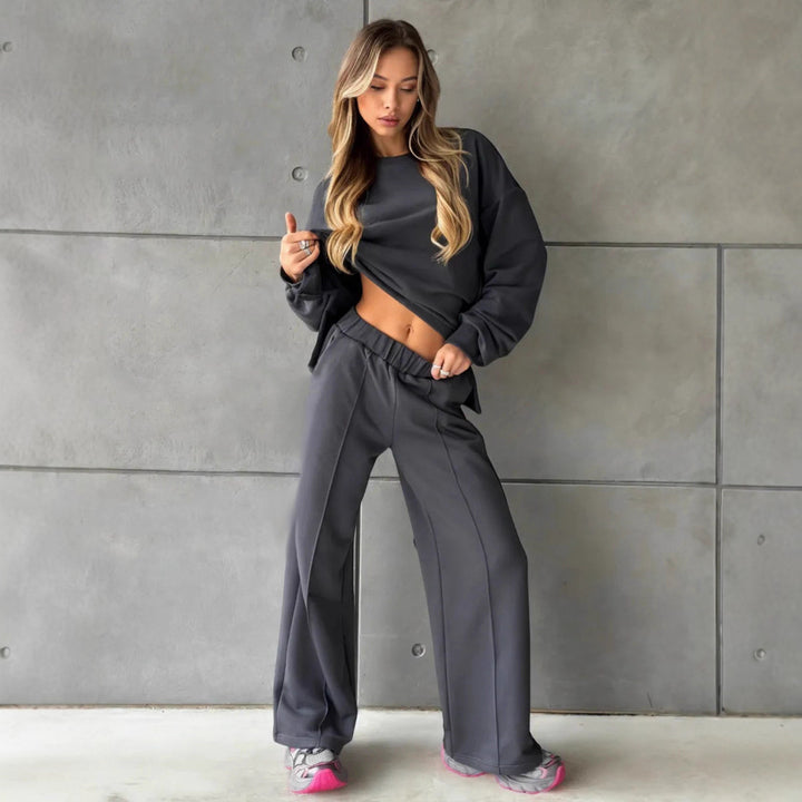 Damen eleganter Lounge-Zweiteiler mit Oversize-Sweatshirt und taillierter Weitbein-Hose – Avérine