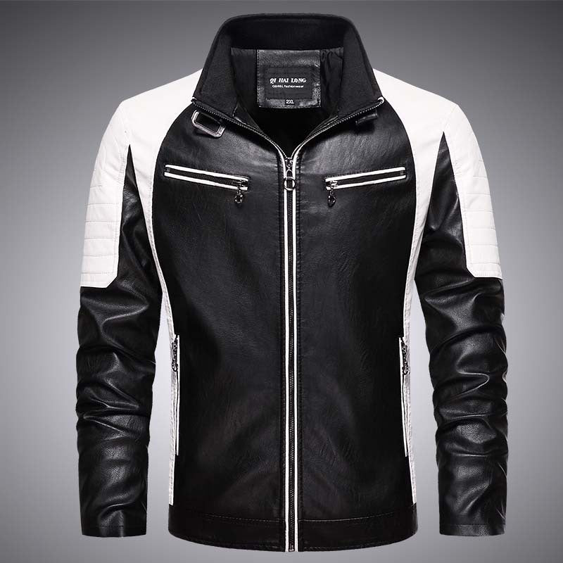 Herren Biker-Lederimitatjacke im Racing-Stil mit Stehkragen und Reißverschlusstaschen Echoarchiv