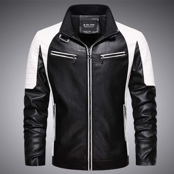 Herren Biker-Lederimitatjacke im Racing-Stil mit Stehkragen und Reißverschlusstaschen Echoarchiv
