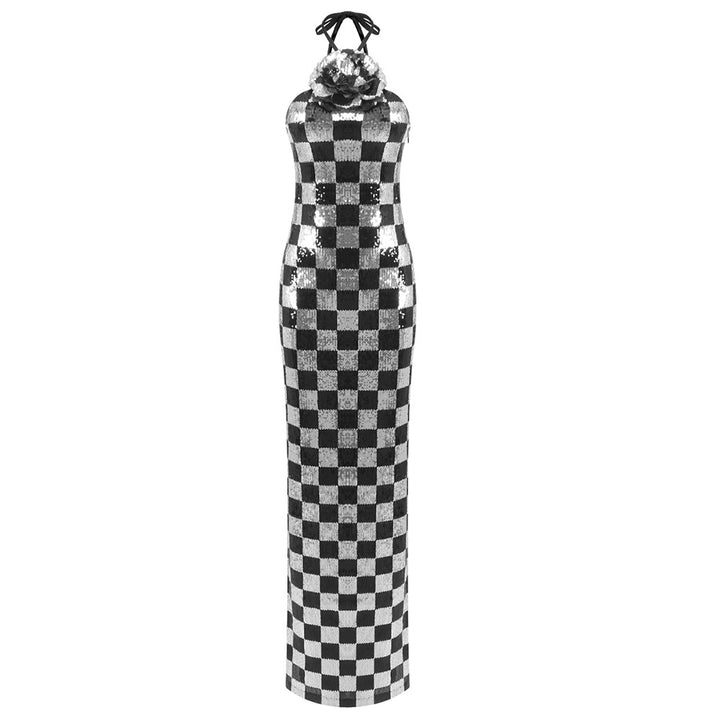 Damen Figurbetontes Schachmuster-Maxikleid mit glitzernden Pailletten Echo Archiv