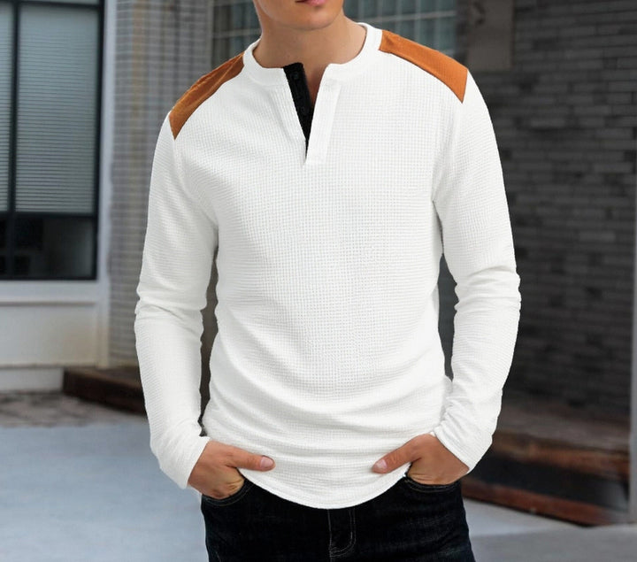 Herren strukturiertes Henley-Langarmshirt mit Stehkragen, Schulterpaspel und Waffelstruktur – Arvello