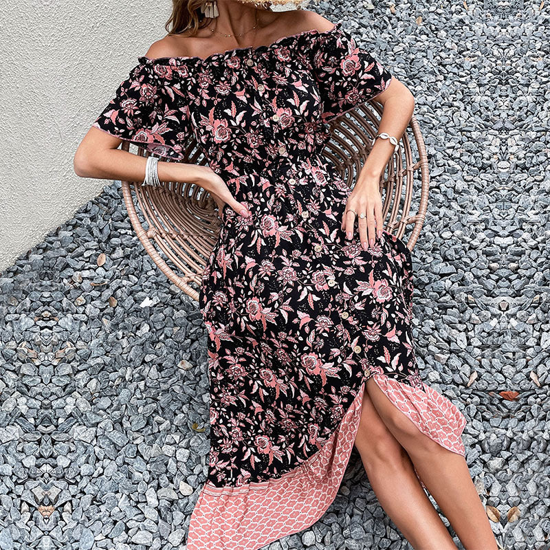 Damen Schulterfreies Boho-Maxikleid mit elastischer Smok-Taille, floralem Patchwork und hohem Seitenschlitz Echoarchiv