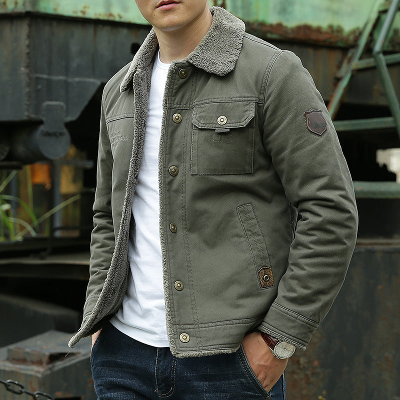 Herren Vintage-inspirierte Canvas-Workerjacke mit Vollfutter-Teddy, Brustpatten und Multifunktions-Taschen Echoarchiv