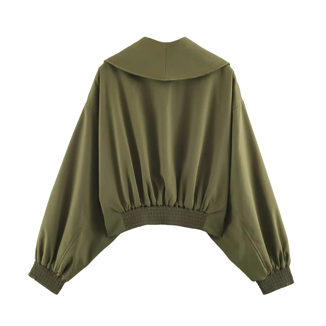 Damen kurze Oversize Jacke mit großem Schalkragen und Ballonärmeln – Célinea