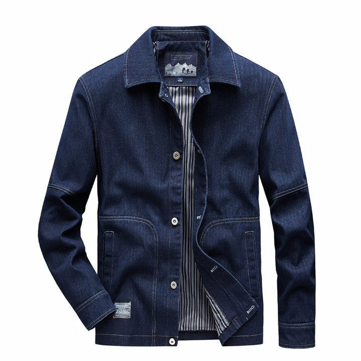 Herren Denim-Workerjacke mit geradem Schnitt, Kontrastnähten & gestreiftem Innenfutter Echoarchiv