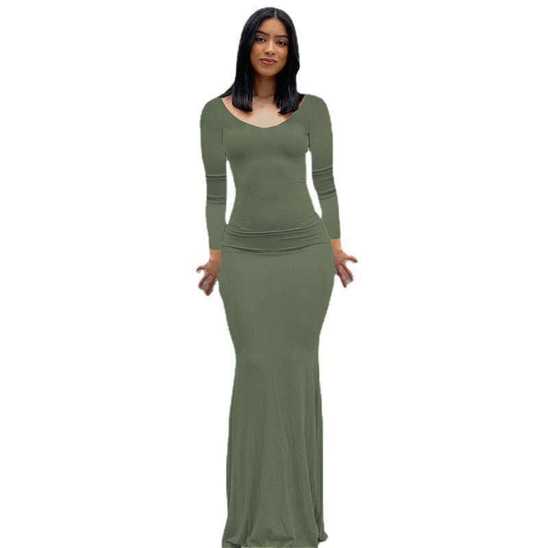 Damen Körperbetontes Maxi‑Jerseykleid mit taillierter Drapierung, langen Ärmeln und ausgestelltem Saum – Valéora