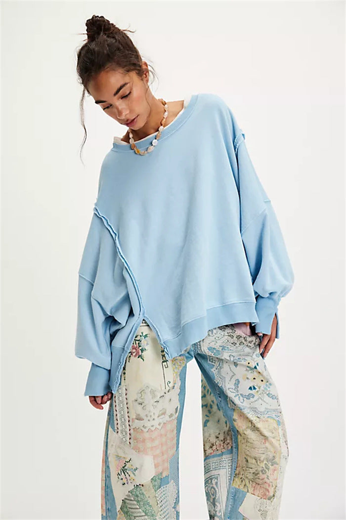 Damen oversized Sweatshirt mit Ballonärmeln, offenen Saumnähten und seitlichen Schlitzen – Avérine
