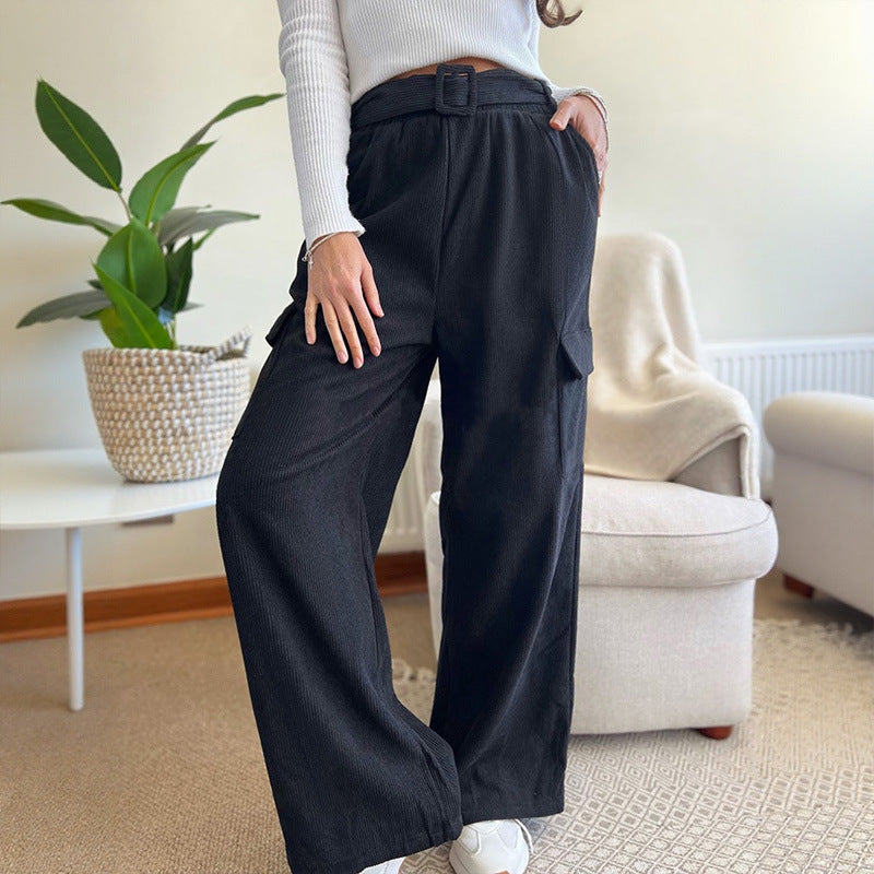 Damen Weite High-Waist-Hose mit Stoffgürtel und Cargo-Taschen Echoarchiv