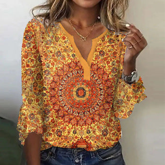 Damen Langarm-Bluse mit ornamentalem Mandala-Print und V-Ausschnitt – Élovi