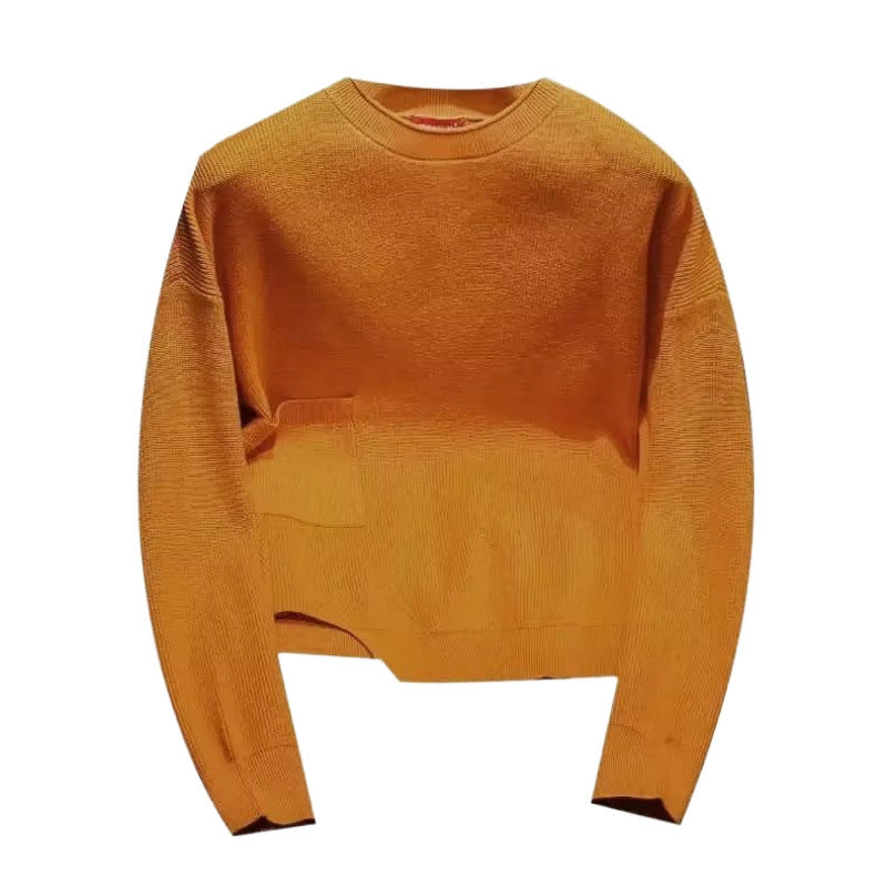 Damen Kurz geschnittener Strickpullover mit unregelmäßigem Saum und Rundhalsausschnitt Echoarchiv