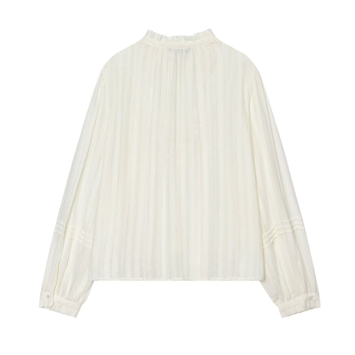 Damen Plissierte Bluse mit Rüschenkragen, Knopfleiste und Schleifenband Echo Archiv