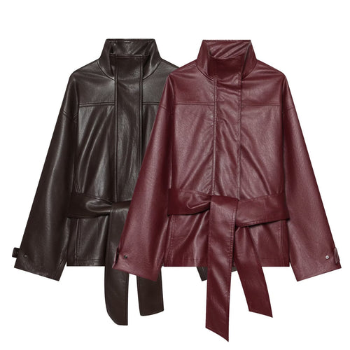 Damen Taillierte Kunstlederjacke mit hohem Stehkragen und Bindegürtel Echoarchiv
