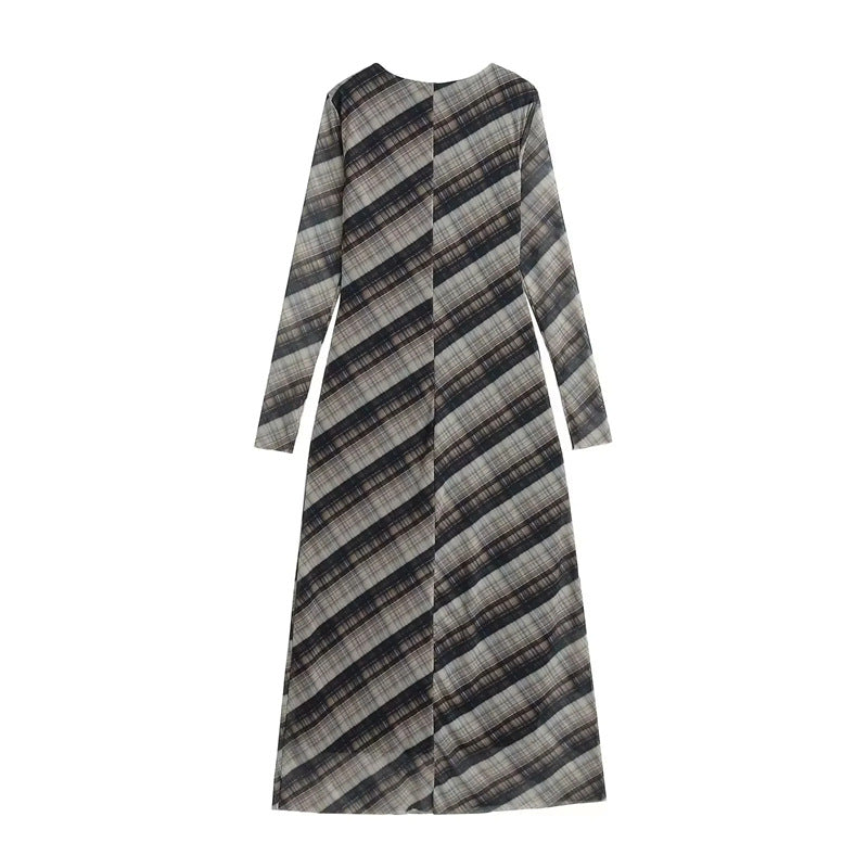 Damen nan langes Maxikleid mit diagonalem Karomuster, Rundhalsausschnitt und langem Ärmel Echo Archiv