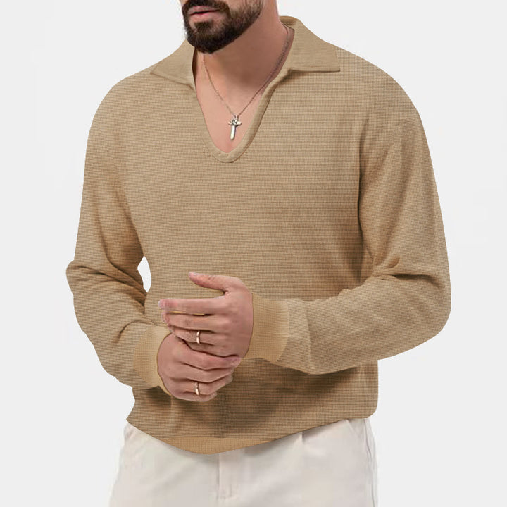 Herren eleganter Pullover mit tiefem V-Ausschnitt und strukturiertem Material Echoarchiv