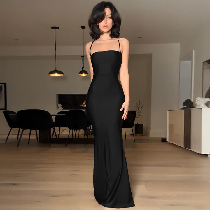 Damen elegantes Bodycon Maxikleid mit schulterfreiem Design und feinen Trägern Echo Archiv