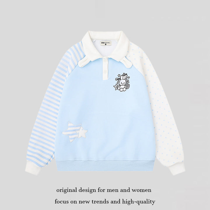 Damen Langarm-Polo-Sweatshirt im Patchwork-Stil mit kontrastierenden Ärmeln und Stern-Applikationen Echoarchiv